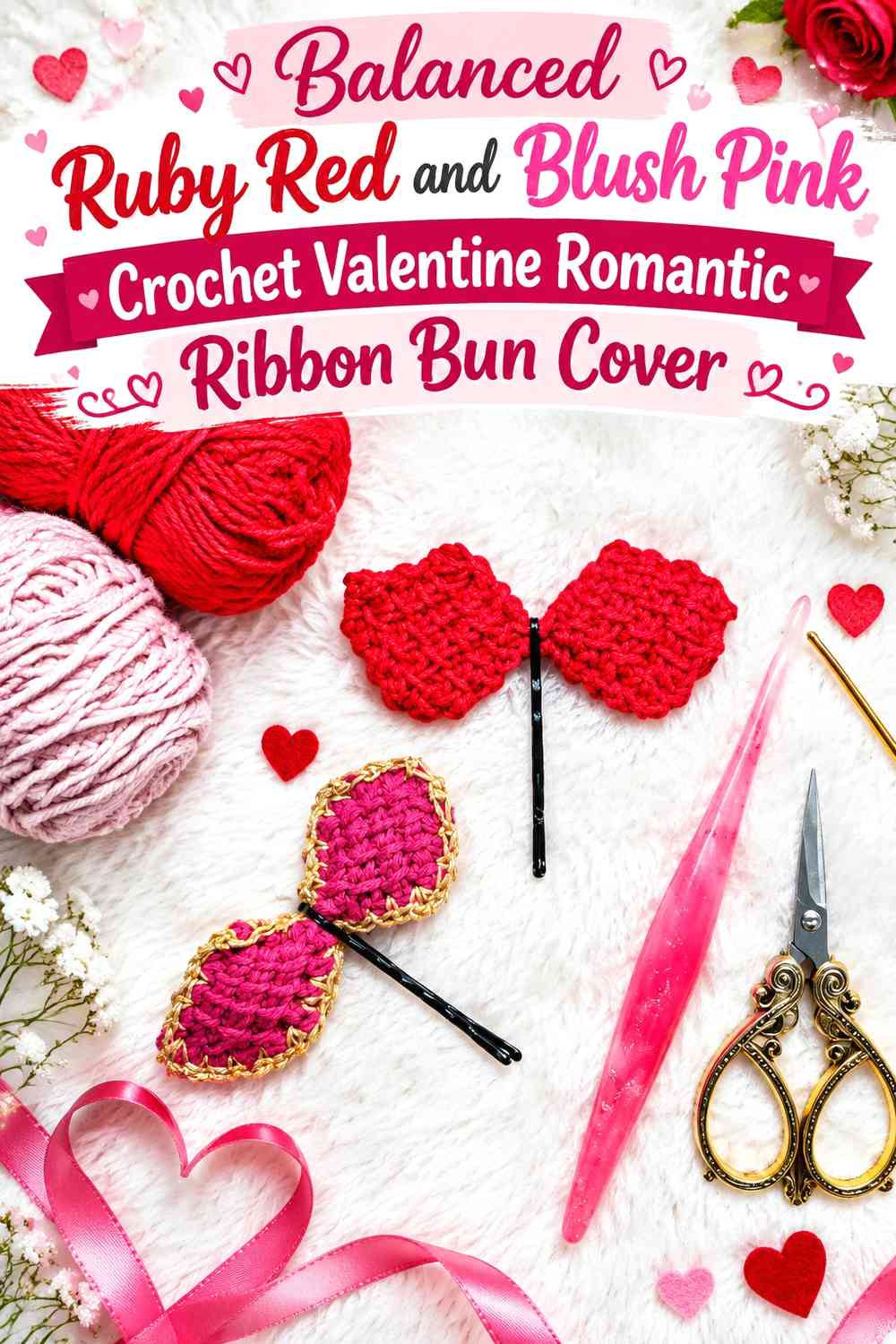 Balanced Ruby Red and Blush Pink Crochet Valentine Romantic Ribbon Bun Cover