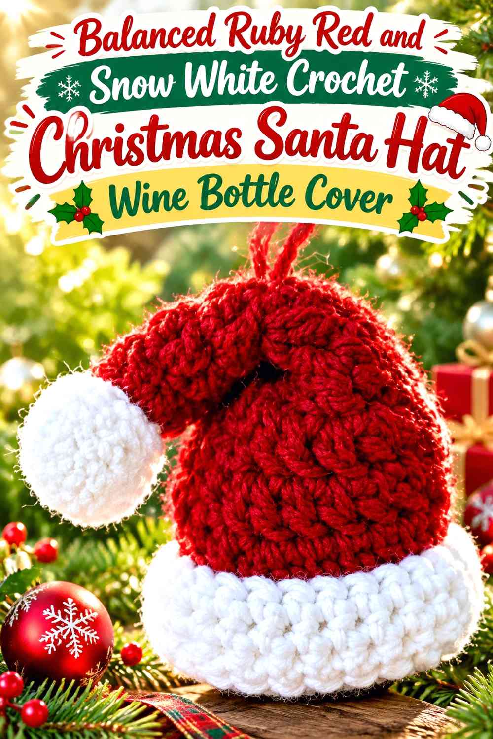 Balanced Ruby Red and Snow White Crochet Christmas Santa Hat Wine Bottle Cover