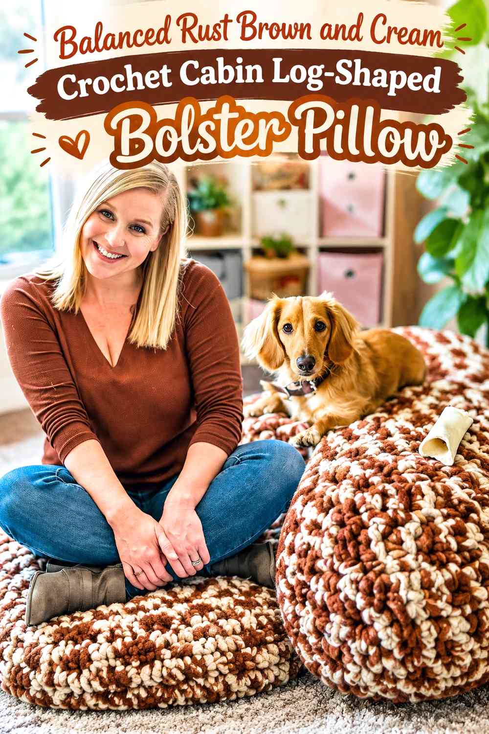 Balanced Rust Brown and Cream Crochet Cabin Log-Shaped Bolster Pillow