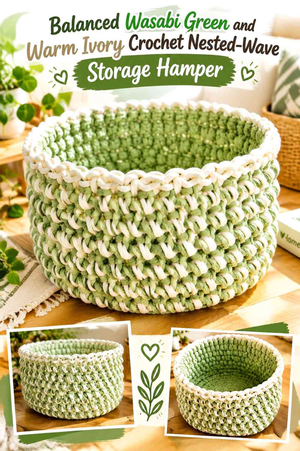 Balanced Wasabi Green and Warm Ivory Crochet Nested-Wave Storage Hamper