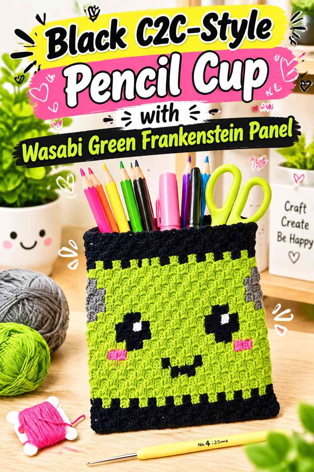 Black C2C-Style Pencil Cup with Wasabi Green Frankenstein Panel