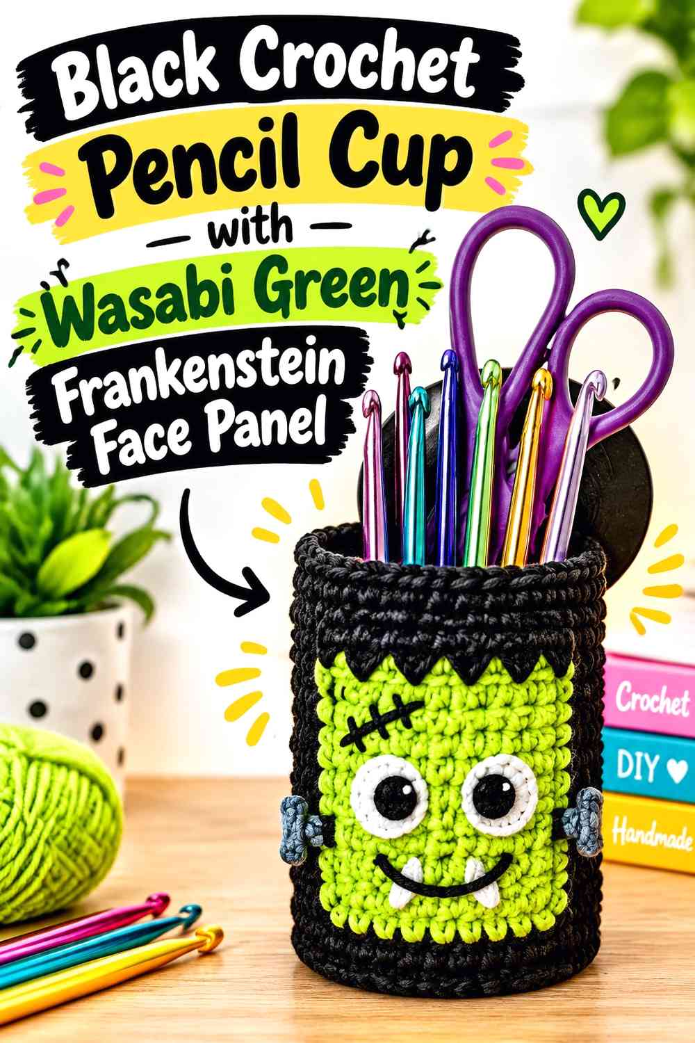 Black Crochet Pencil Cup with Wasabi Green Frankenstein Face Panel