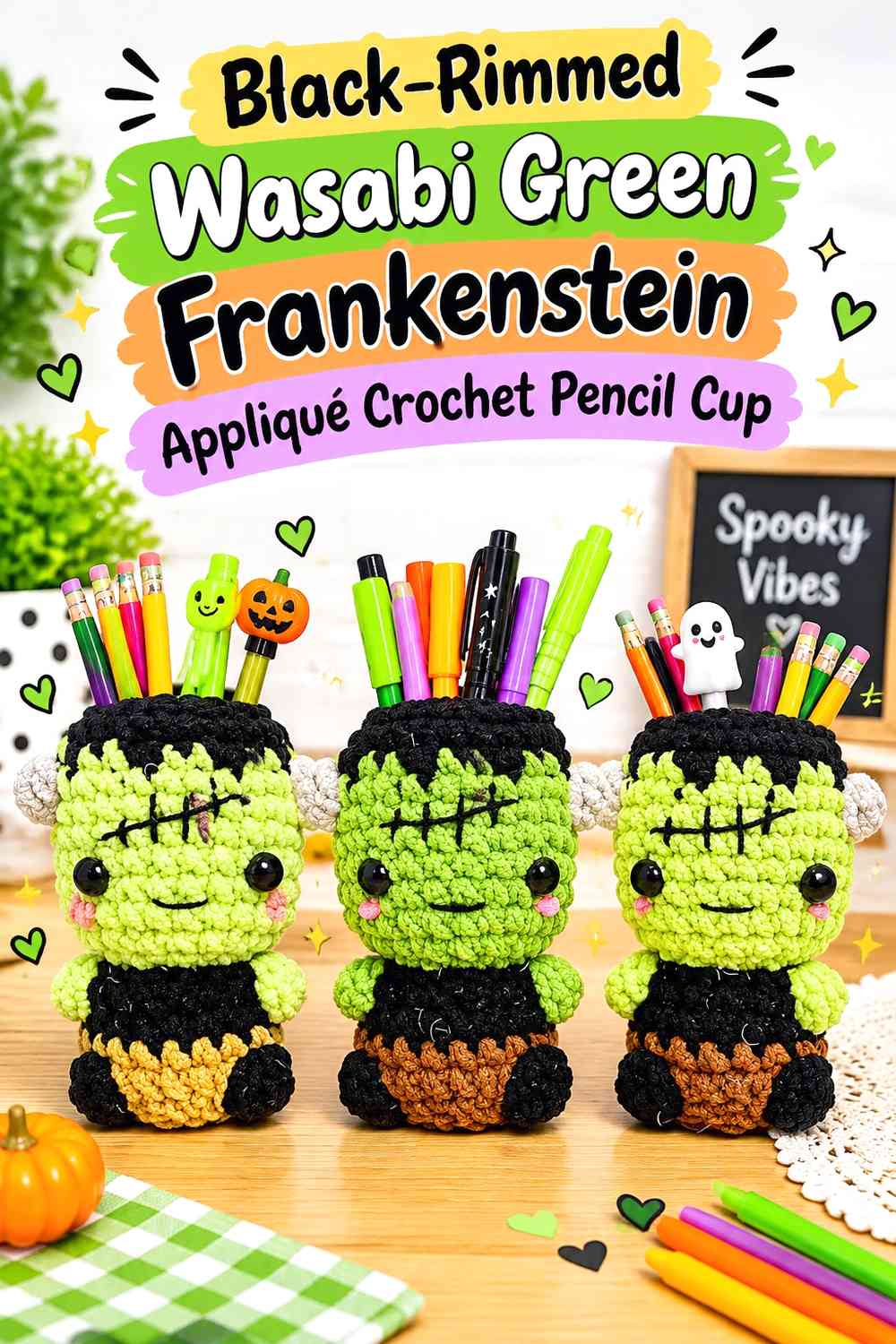 Black-Rimmed Wasabi Green Frankenstein Appliqué Crochet Pencil Cup