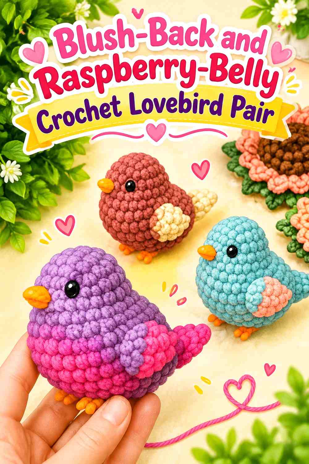 Blush-Back and Raspberry-Belly Crochet Lovebird Pair