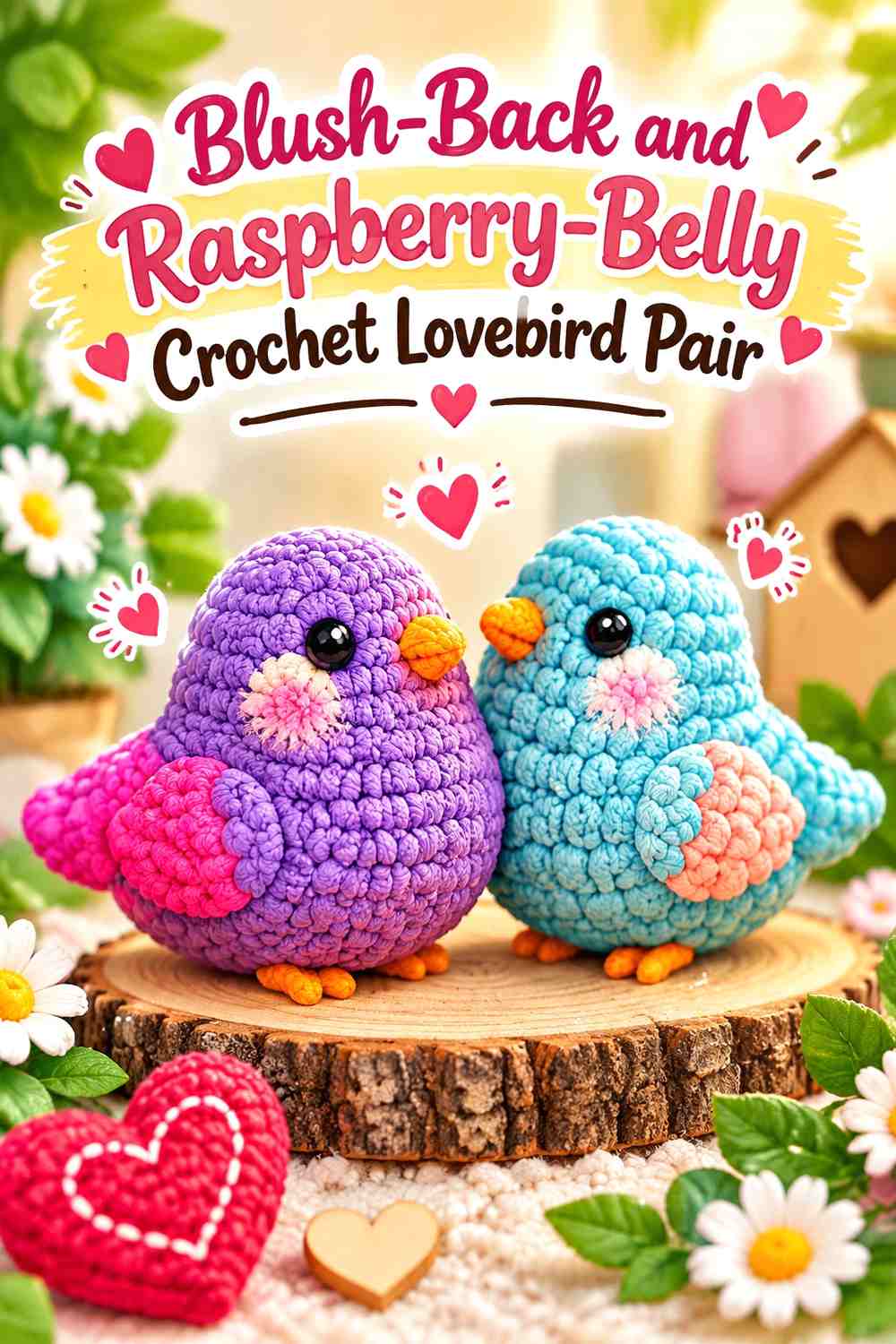Blush-Back and Raspberry-Belly Crochet Lovebird Pair