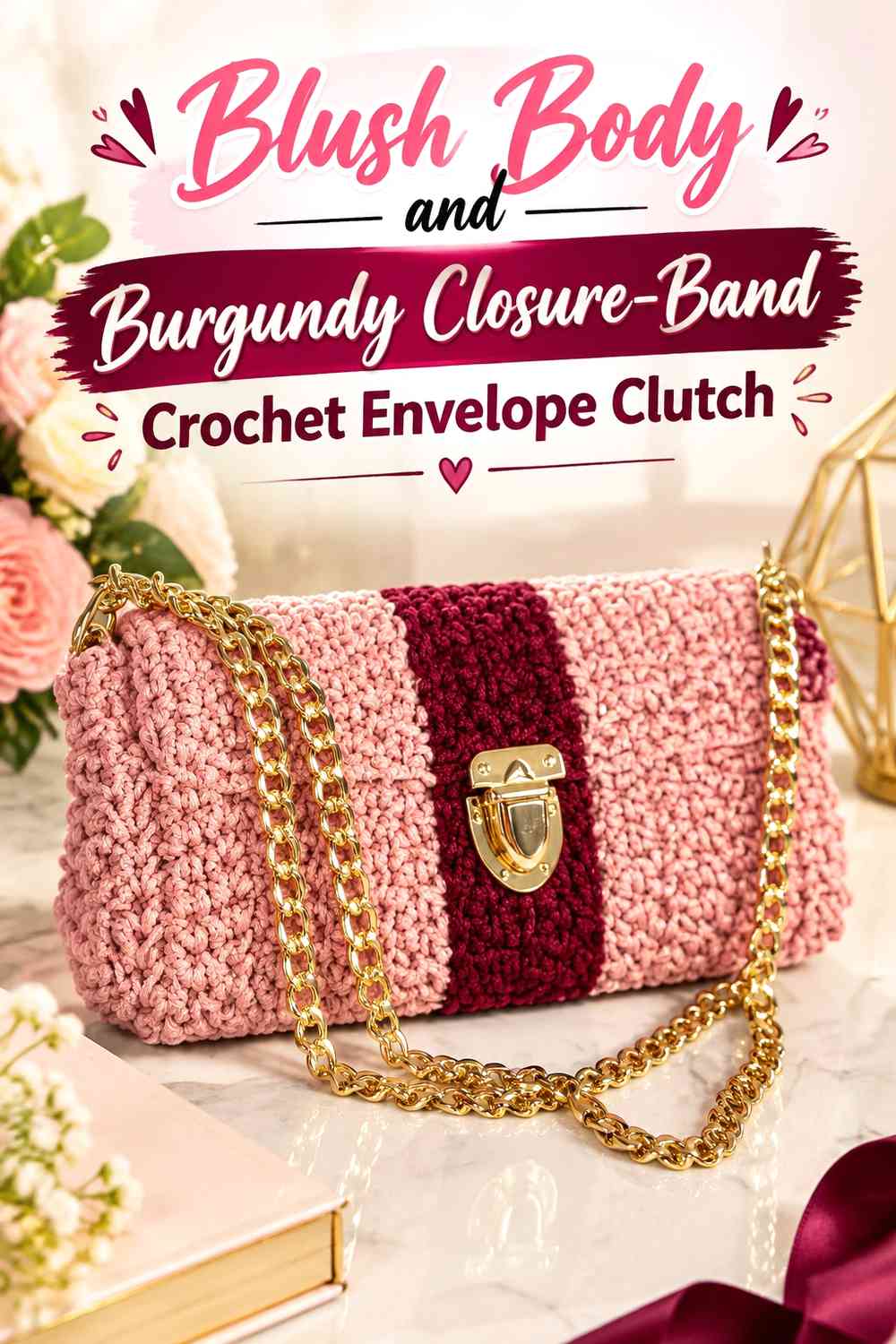 Blush Body and Burgundy Closure-Band Crochet Envelope Clutch