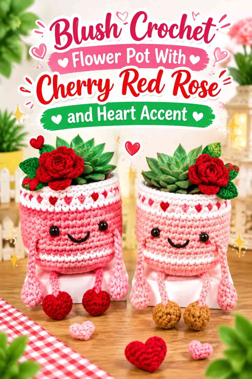 Blush Crochet Flower Pot With Cherry Red Rose and Heart Accent
