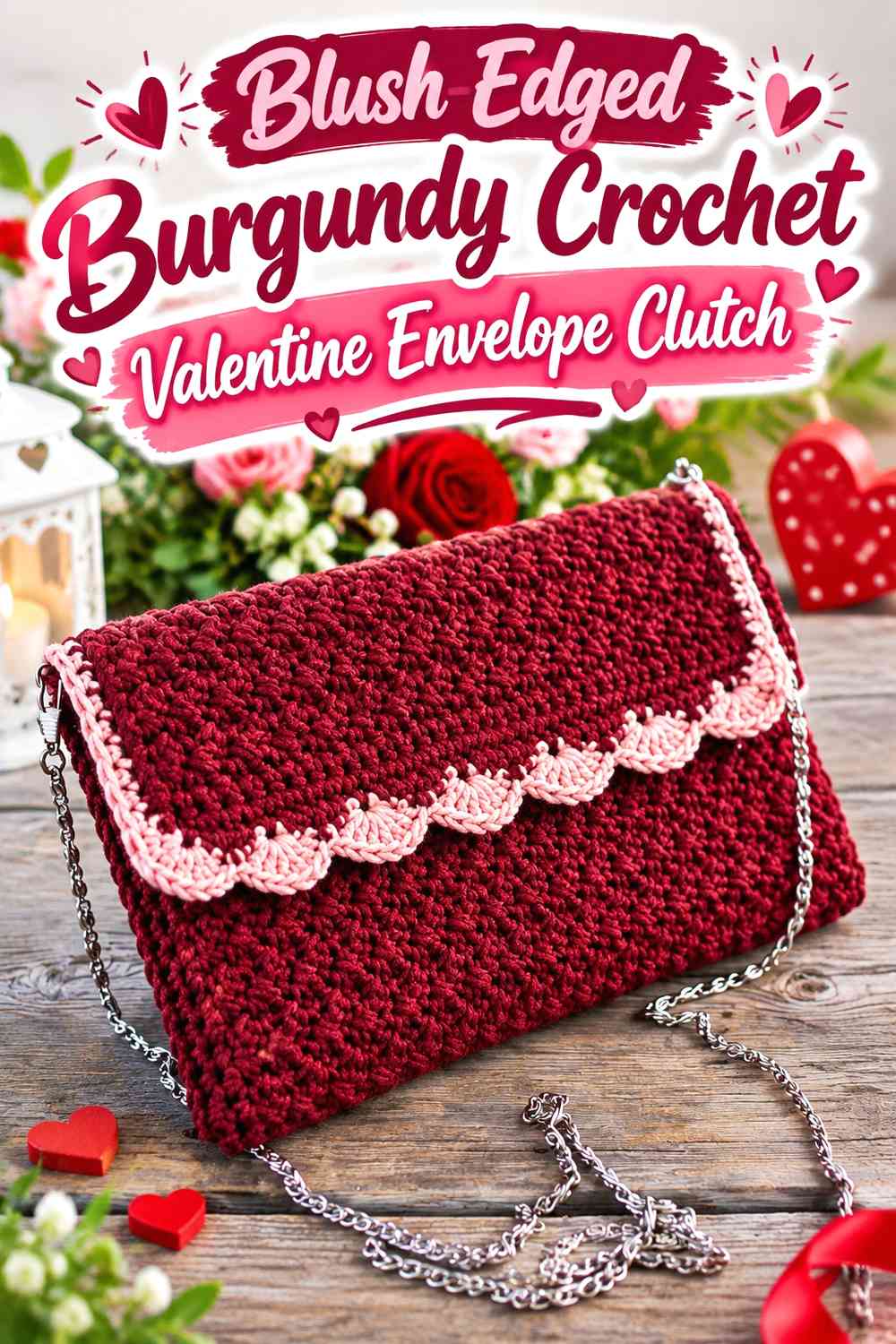 Blush-Edged Burgundy Crochet Valentine Envelope Clutch