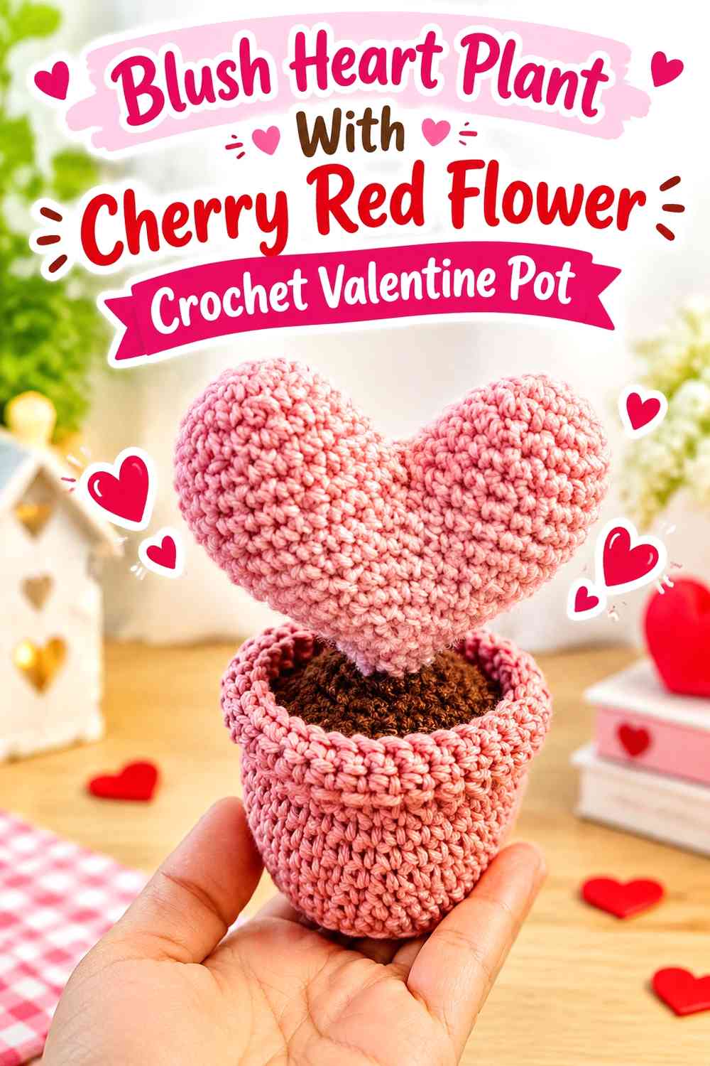 Blush Heart Plant With Cherry Red Flower Crochet Valentine Pot