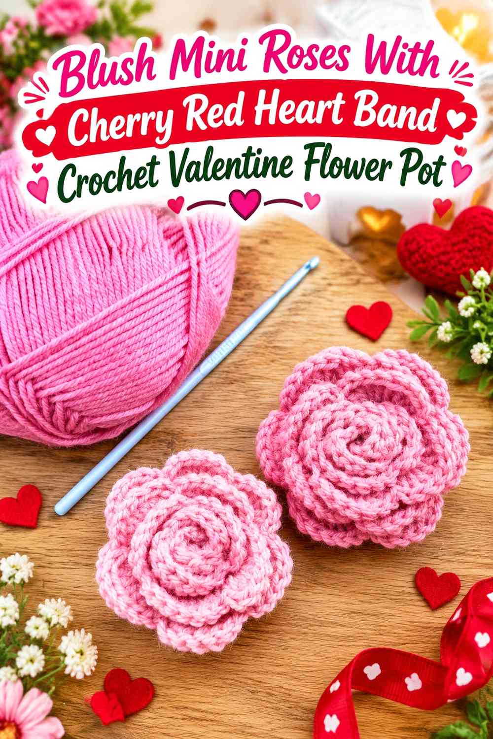 Blush Mini Roses With Cherry Red Heart Band Crochet Valentine Flower Pot