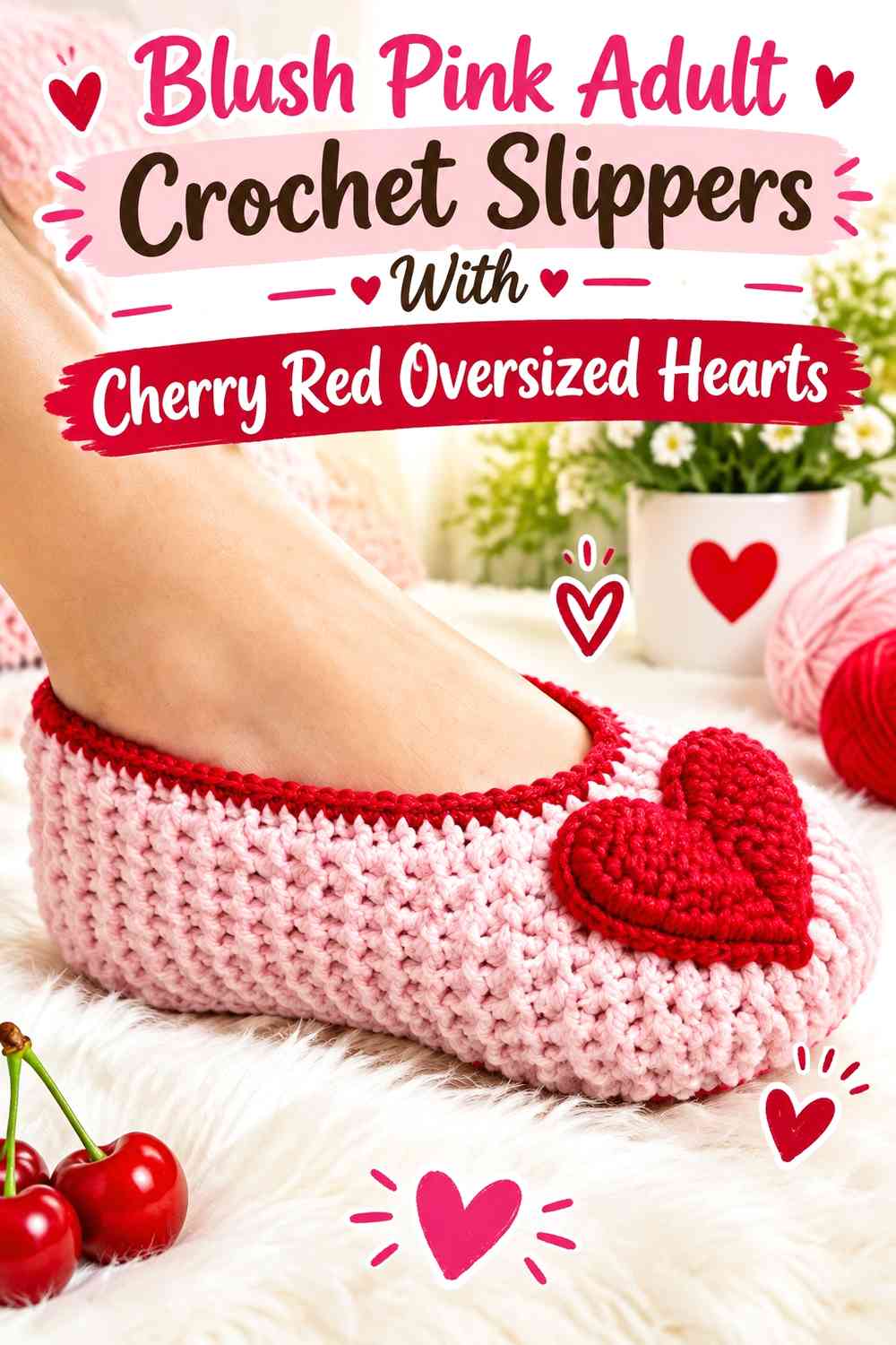Blush Pink Adult Crochet Slippers With Cherry Red Oversized Hearts
