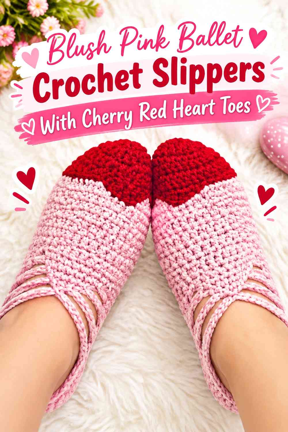 Blush Pink Ballet Crochet Slippers With Cherry Red Heart Toes