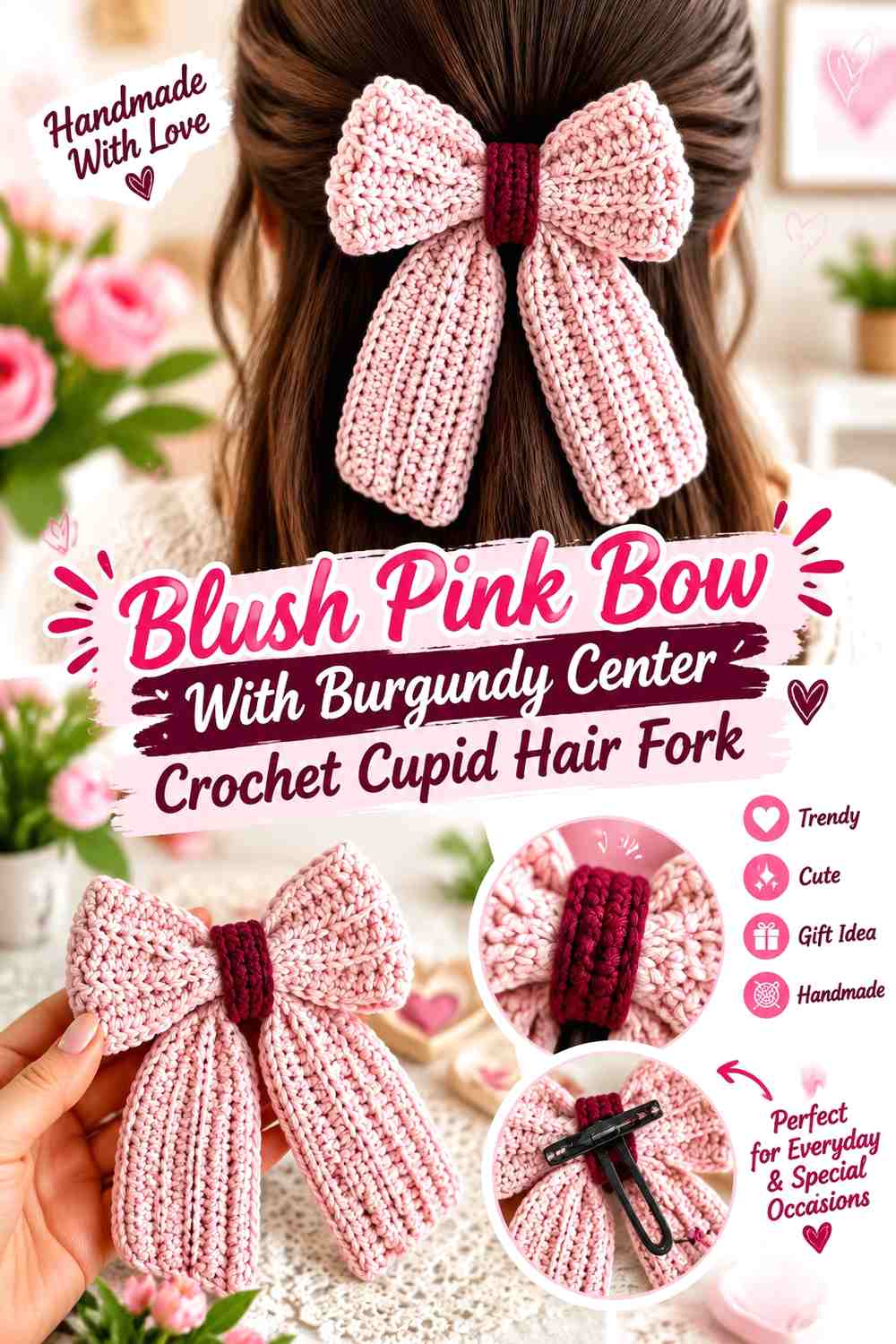 Blush Pink Bow With Burgundy Center Crochet Cupid Hair Fork