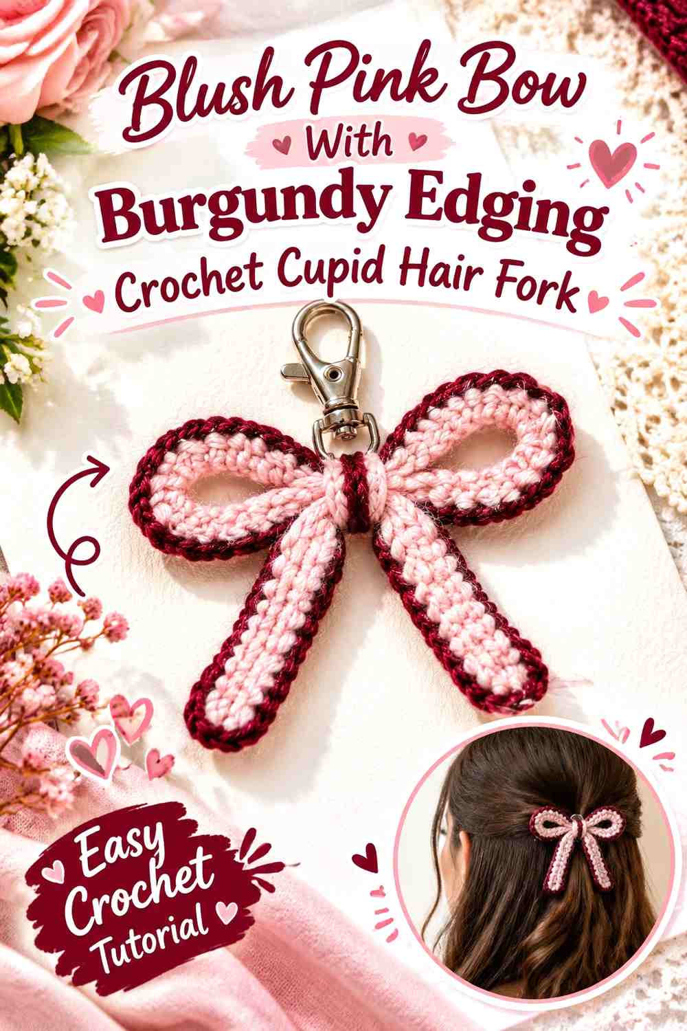 Blush Pink Bow With Burgundy Edging Crochet Cupid Hair Fork