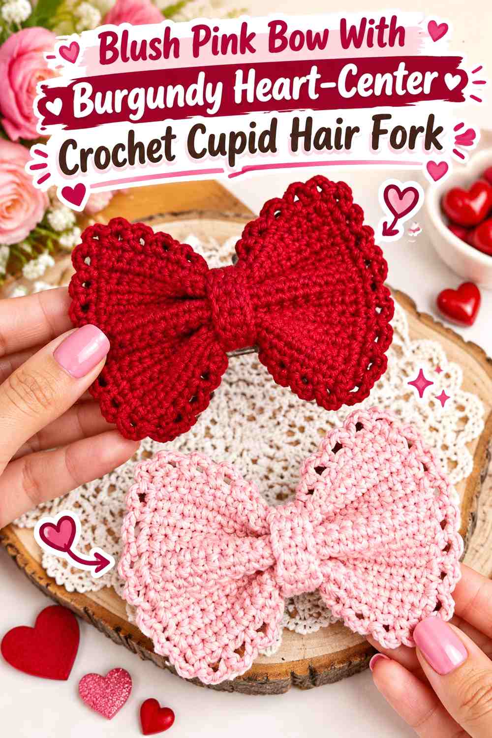 Blush Pink Bow With Burgundy Heart-Center Crochet Cupid Hair Fork