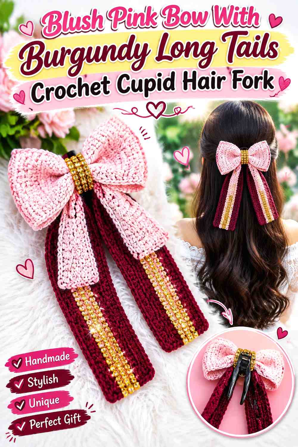 Blush Pink Bow With Burgundy Long Tails Crochet Cupid Hair Fork