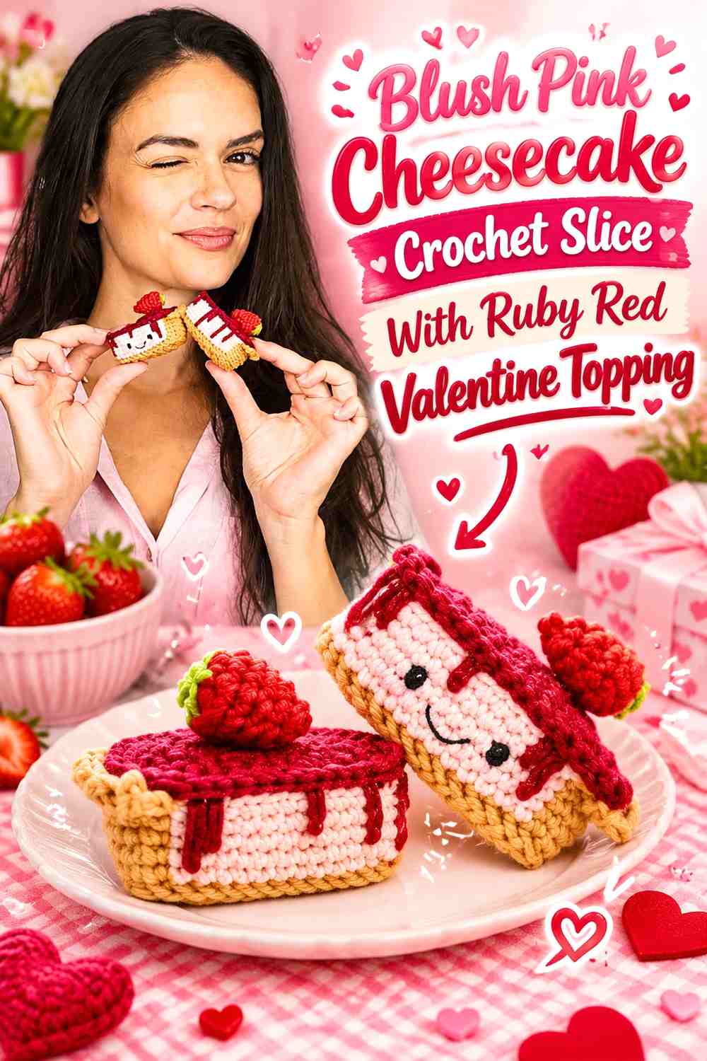 Blush Pink Cheesecake Crochet Slice With Ruby Red Valentine Topping