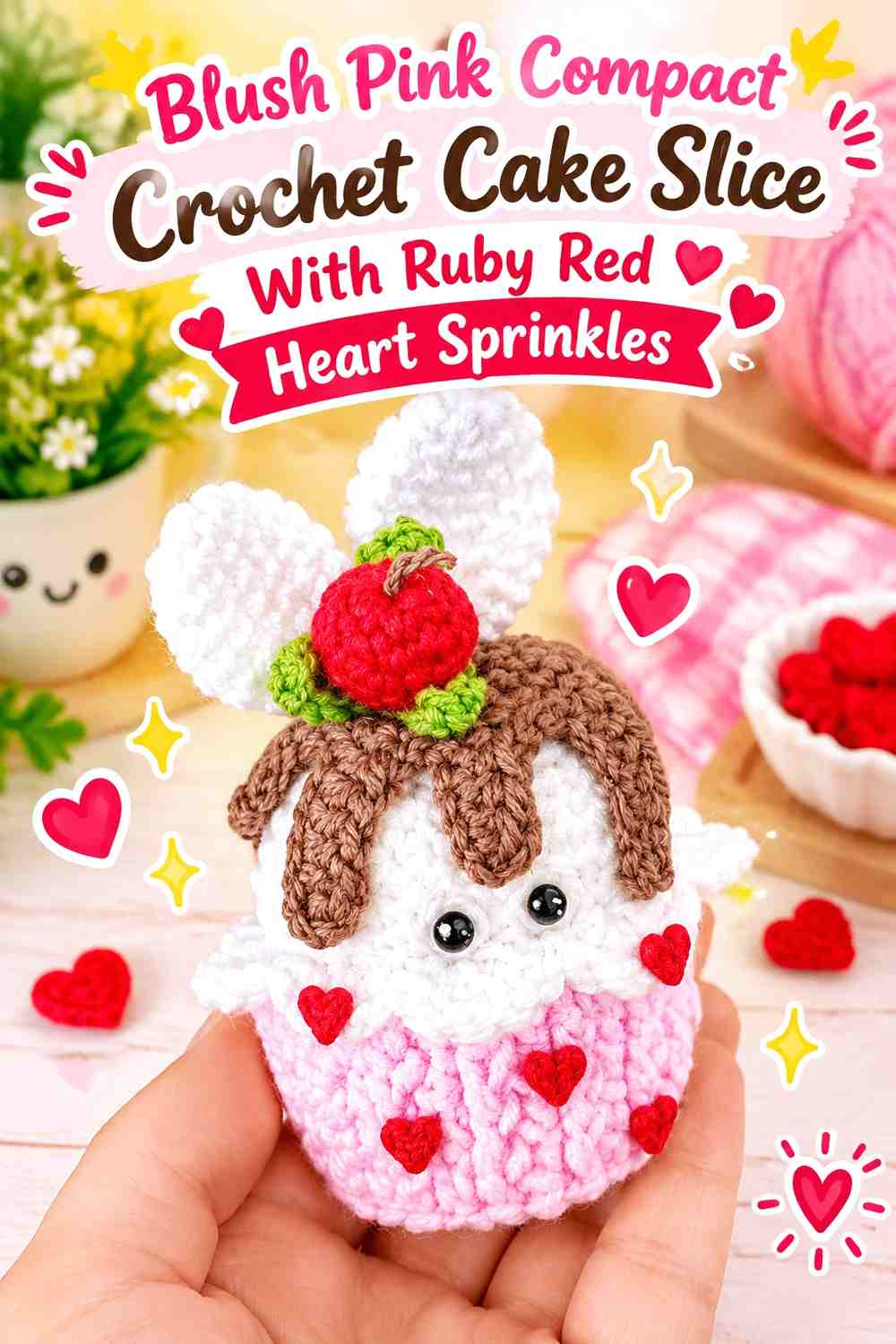 Blush Pink Compact Crochet Cake Slice With Ruby Red Heart Sprinkles