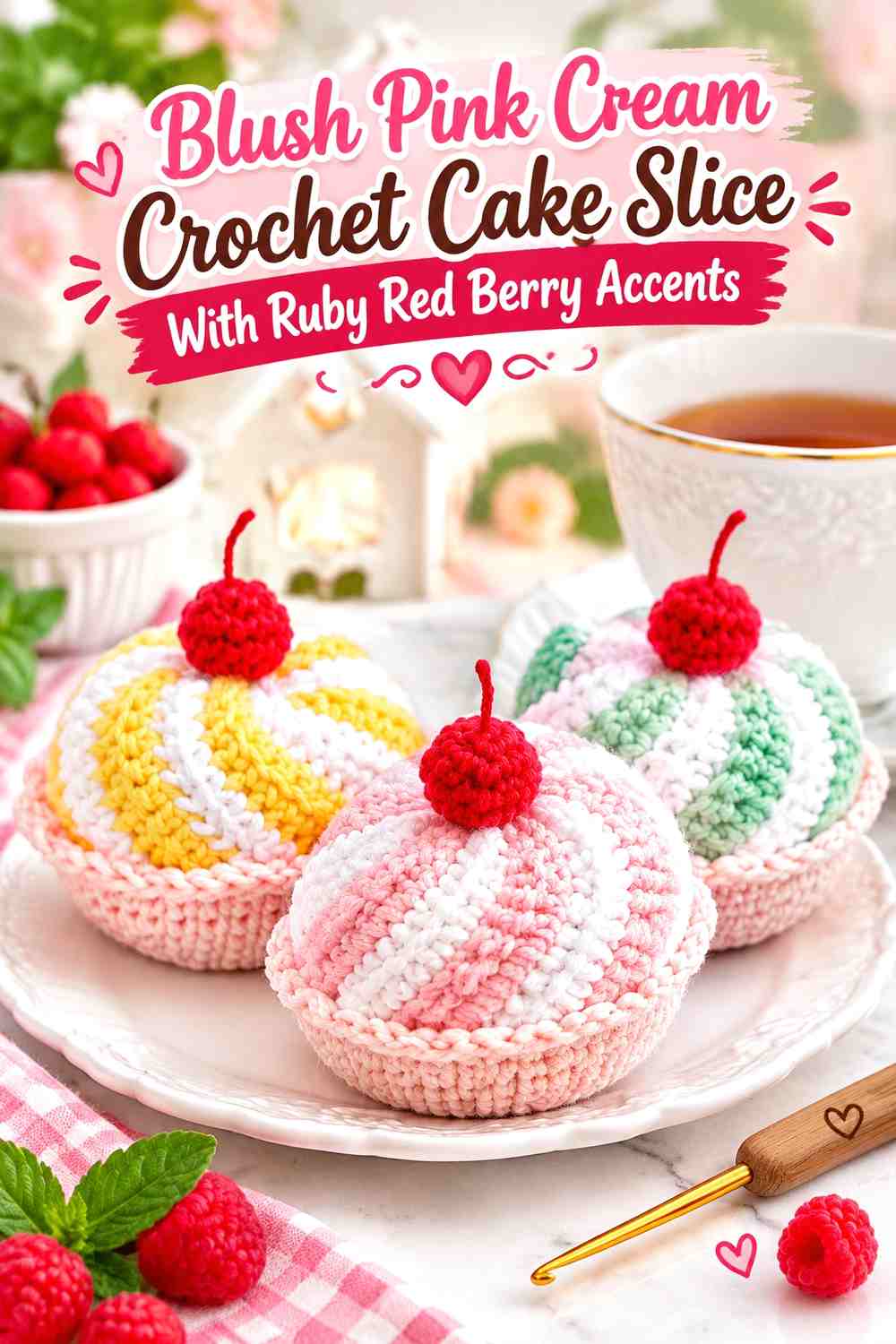 Blush Pink Cream Crochet Cake Slice With Ruby Red Berry Accents