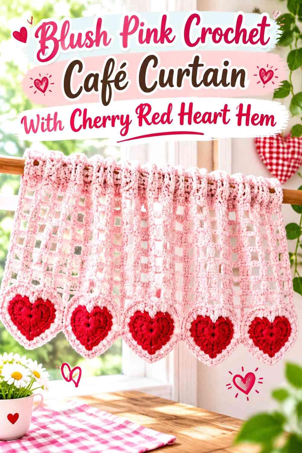 Blush Pink Crochet Café Curtain With Cherry Red Heart Hem