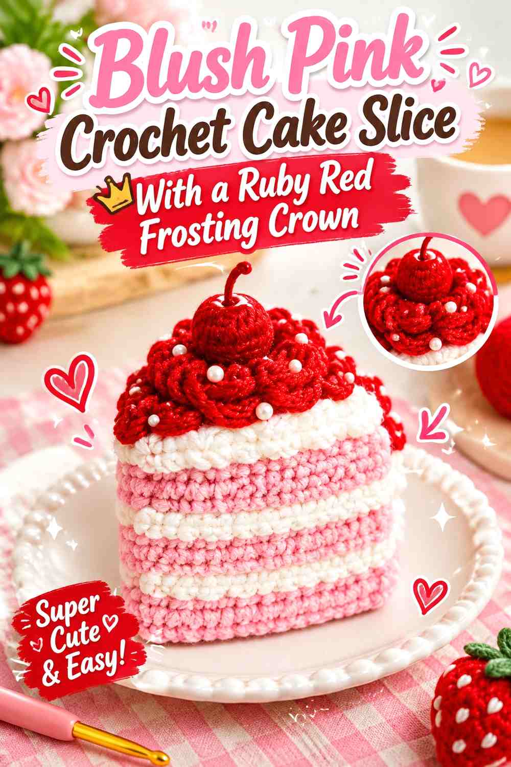 Blush Pink Crochet Cake Slice With a Ruby Red Frosting Crown