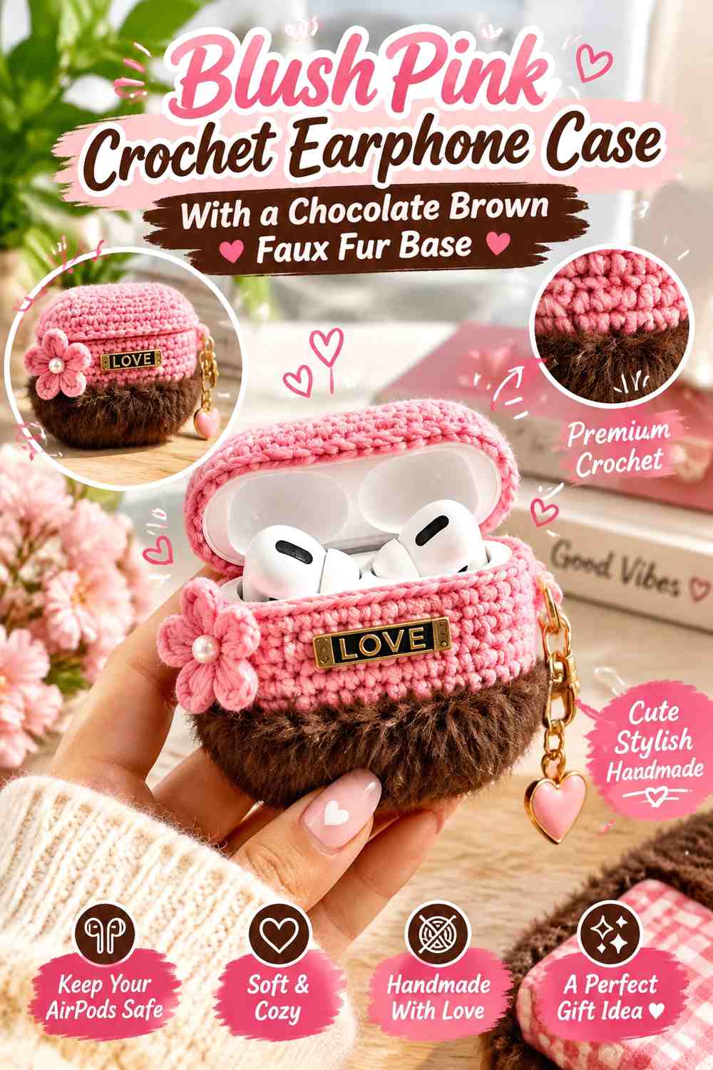 Blush Pink Crochet Earphone Case With a Chocolate Brown Faux Fur Base