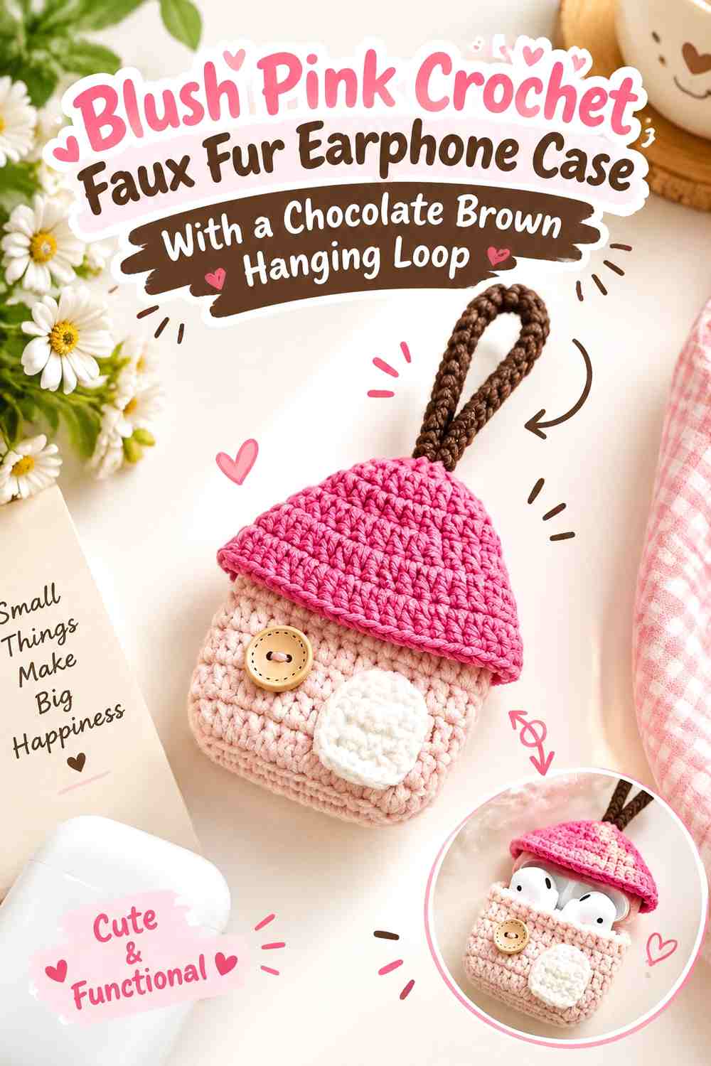Blush Pink Crochet Faux Fur Earphone Case With a Chocolate Brown Hanging Loop