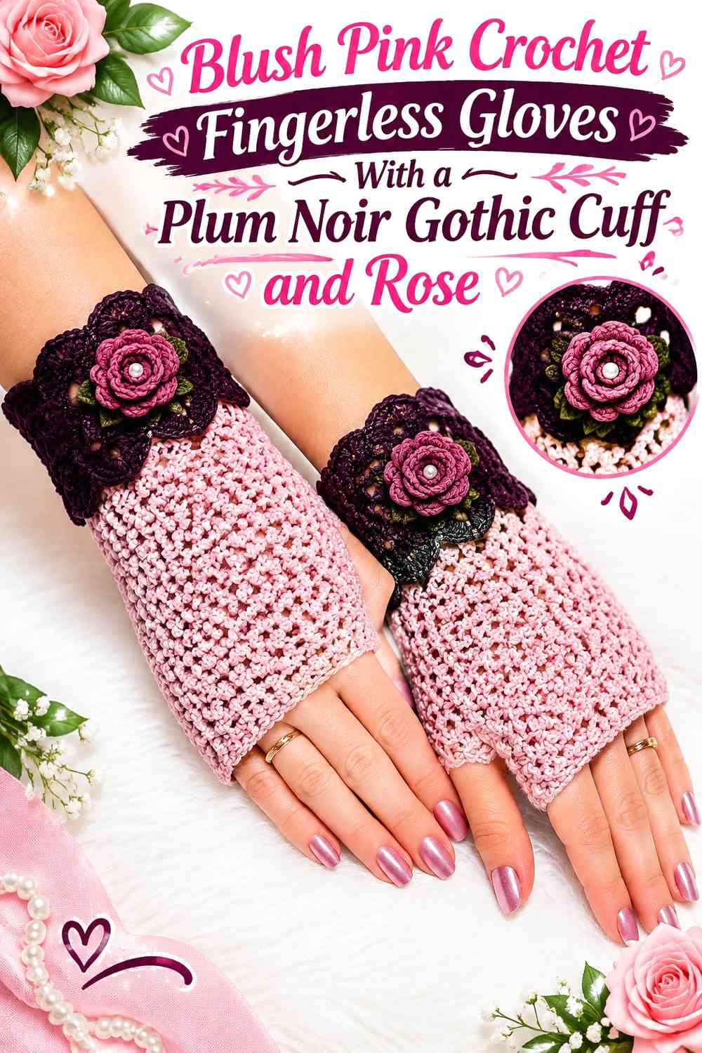 Blush Pink Crochet Fingerless Gloves With a Plum Noir Gothic Cuff and Rose