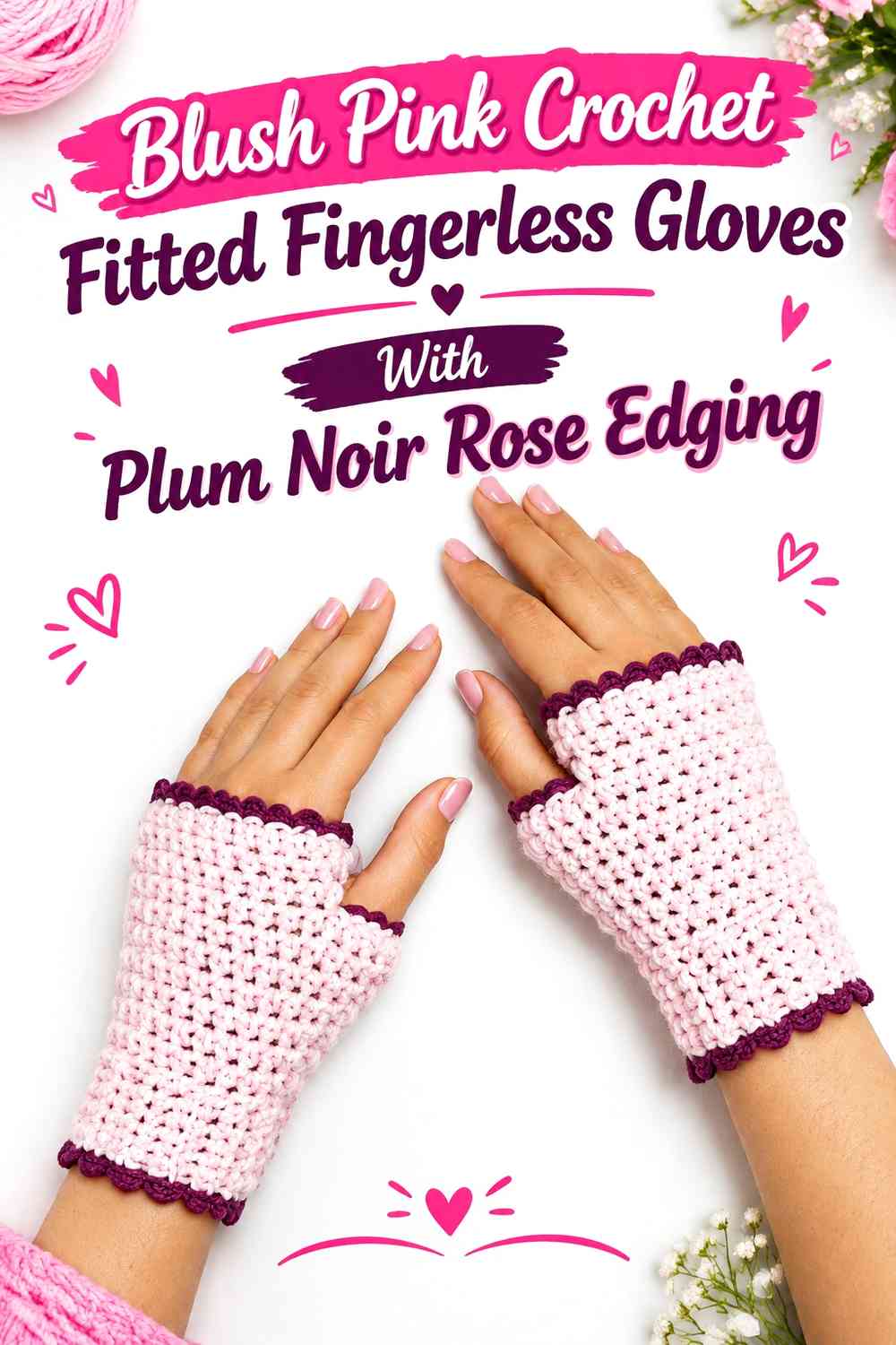 Blush Pink Crochet Fitted Fingerless Gloves With Plum Noir Rose Edging