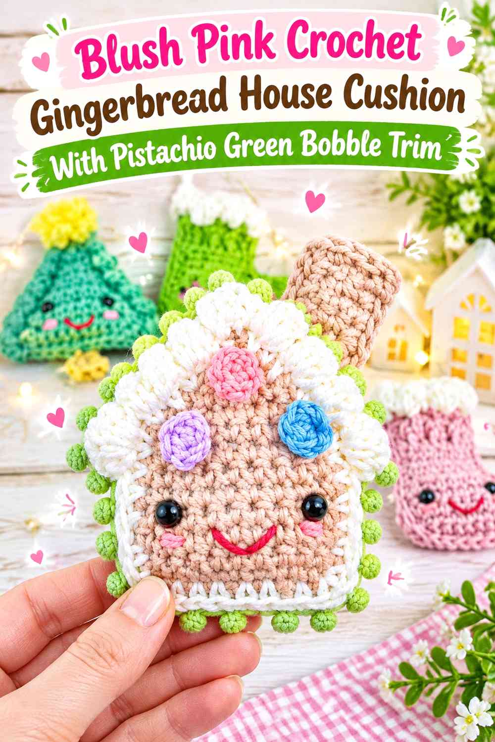 Blush Pink Crochet Gingerbread House Cushion With Pistachio Green Bobble Trim