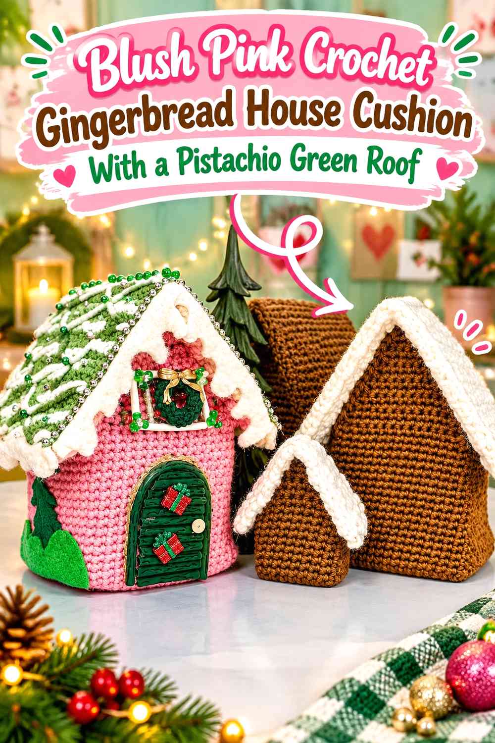 Blush Pink Crochet Gingerbread House Cushion With a Pistachio Green Roof