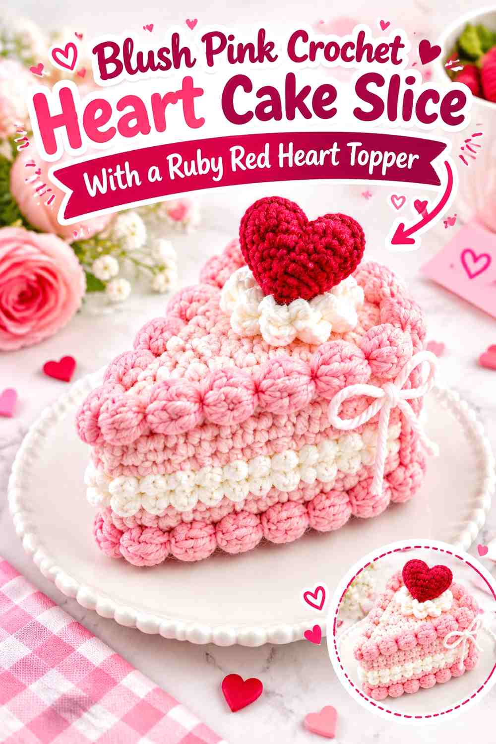 Blush Pink Crochet Heart Cake Slice With a Ruby Red Heart Topper