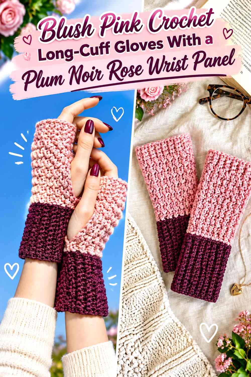 Blush Pink Crochet Long-Cuff Gloves With a Plum Noir Rose Wrist Panel