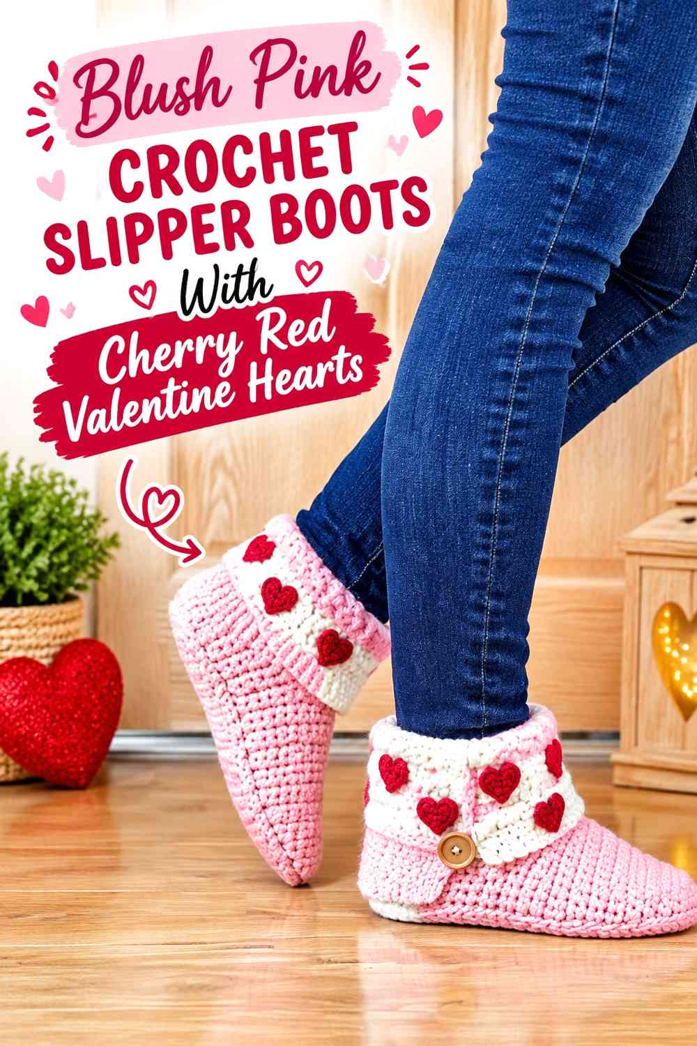 Blush Pink Crochet Slipper Boots With Cherry Red Valentine Hearts