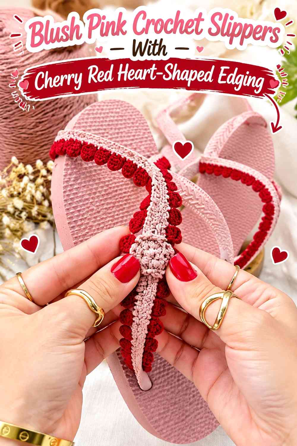 Blush Pink Crochet Slippers With Cherry Red Heart-Shaped Edging