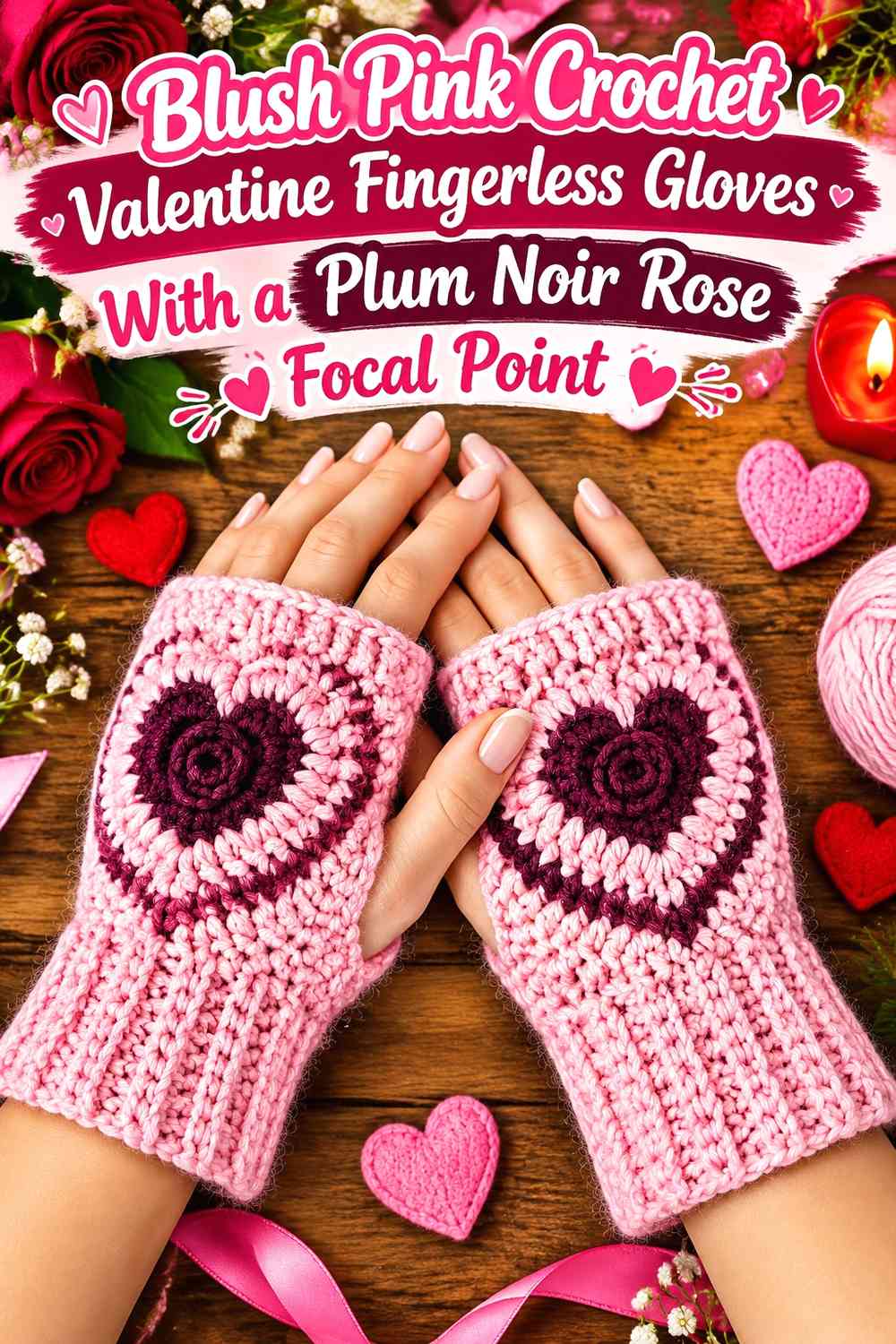 Blush Pink Crochet Valentine Fingerless Gloves With a Plum Noir Rose Focal Point