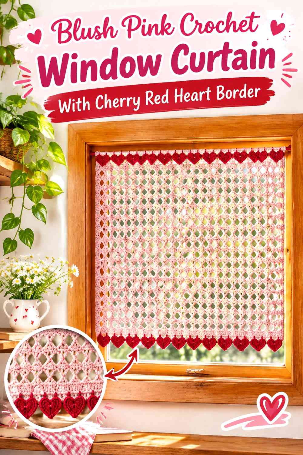 Blush Pink Crochet Window Curtain With Cherry Red Heart Border