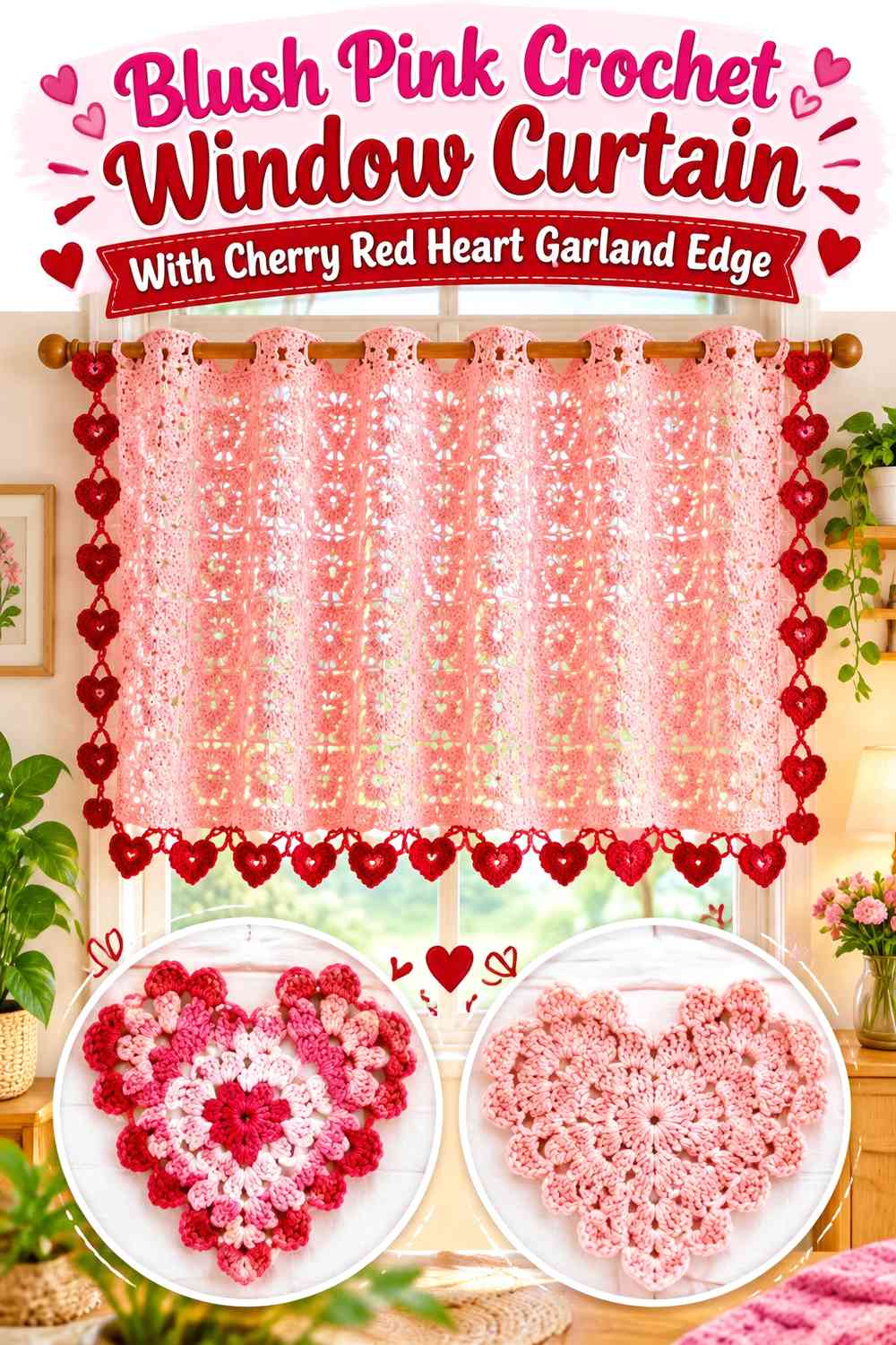 Blush Pink Crochet Window Curtain With Cherry Red Heart Garland Edge