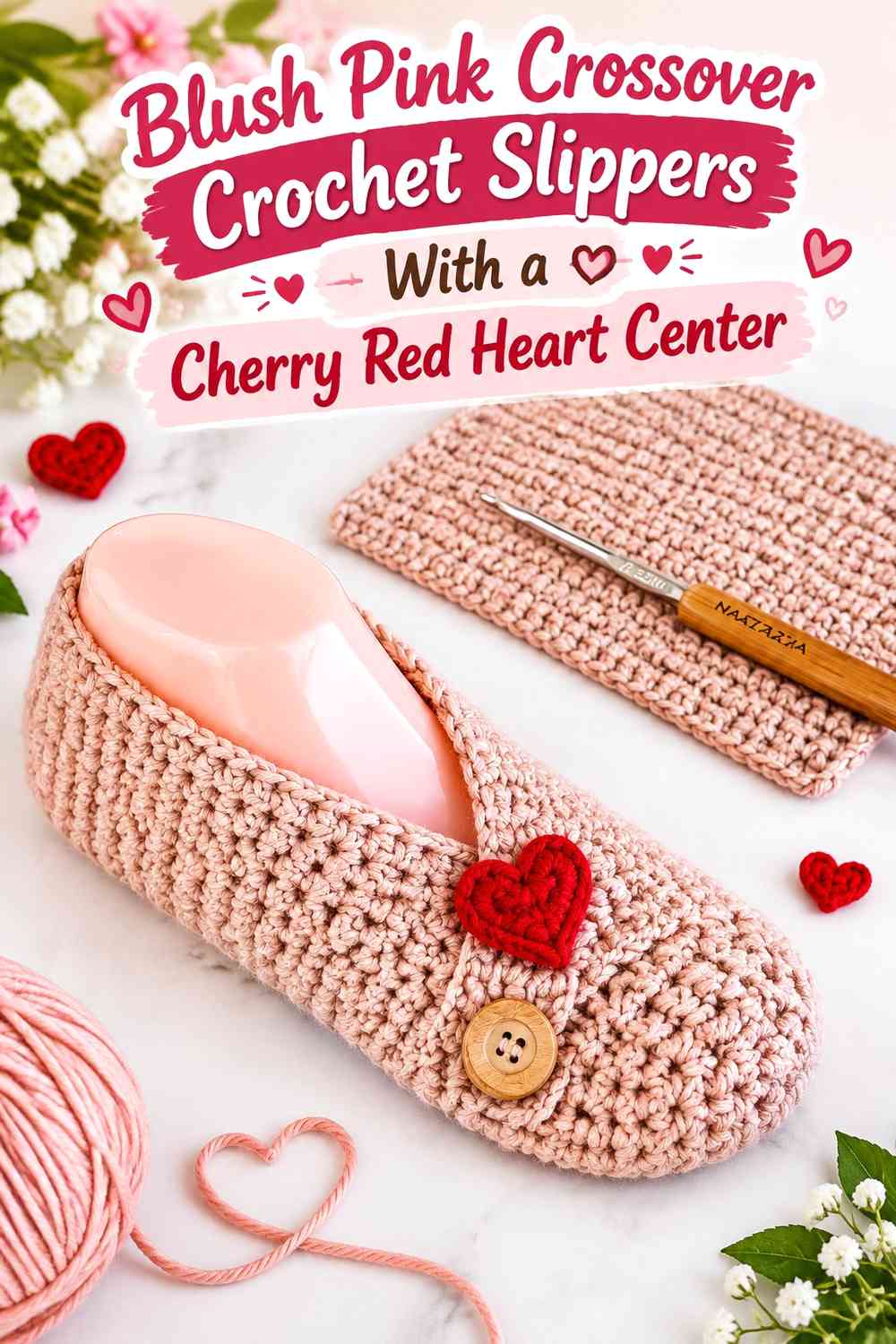 Blush Pink Crossover Crochet Slippers With a Cherry Red Heart Center
