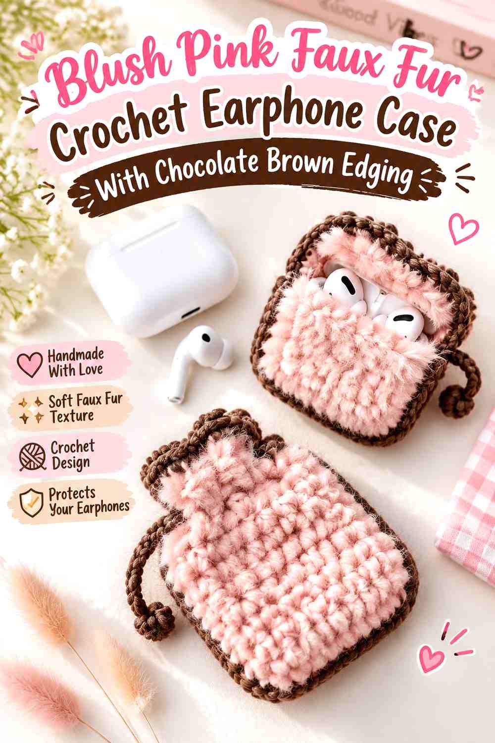 Blush Pink Faux Fur Crochet Earphone Case With Chocolate Brown Edging