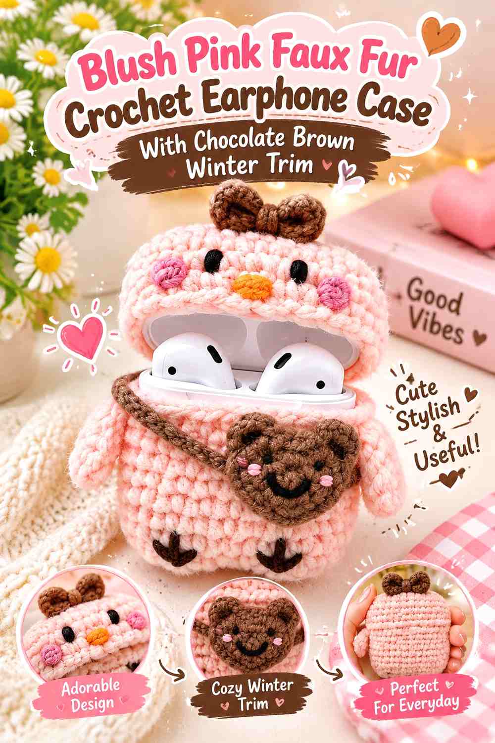 Blush Pink Faux Fur Crochet Earphone Case With Chocolate Brown Winter Trim