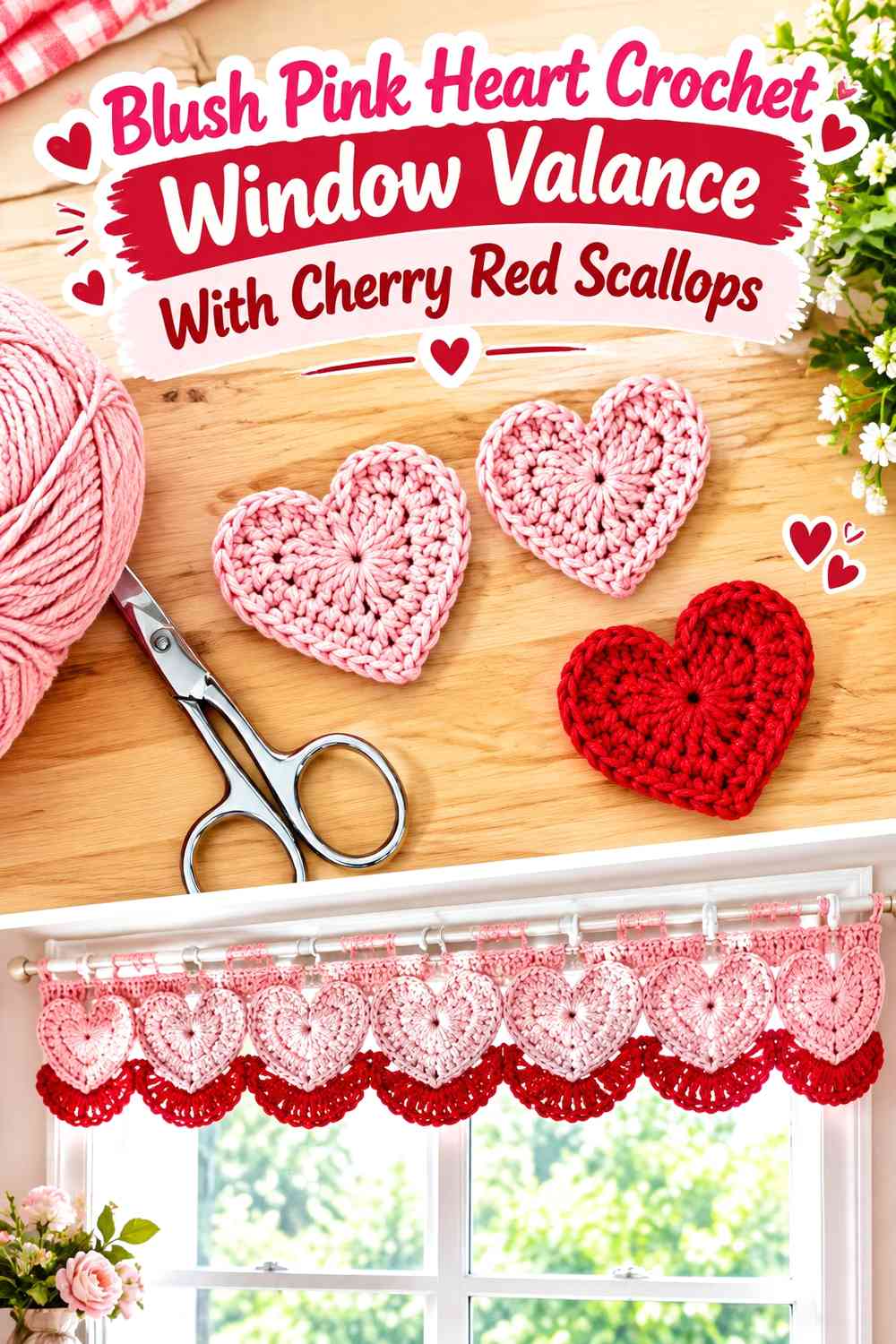 Blush Pink Heart Crochet Window Valance With Cherry Red Scallops