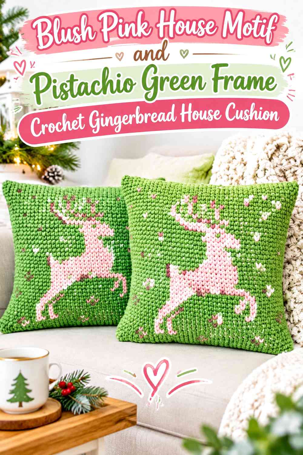 Blush Pink House Motif and Pistachio Green Frame Crochet Gingerbread House Cushion