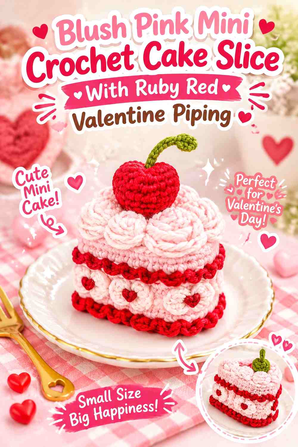 Blush Pink Mini Crochet Cake Slice With Ruby Red Valentine Piping