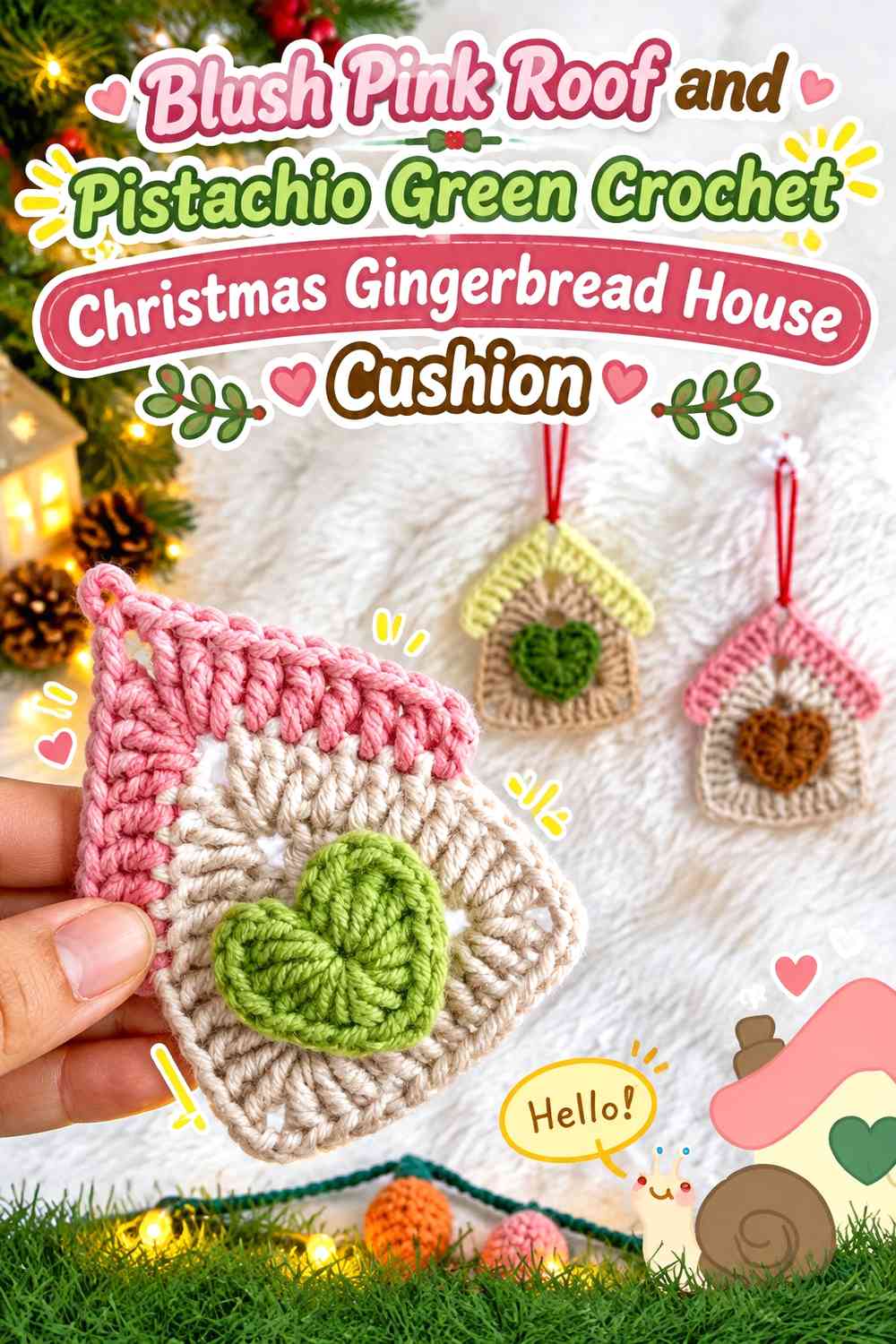 Blush Pink Roof and Pistachio Green Crochet Christmas Gingerbread House Cushion
