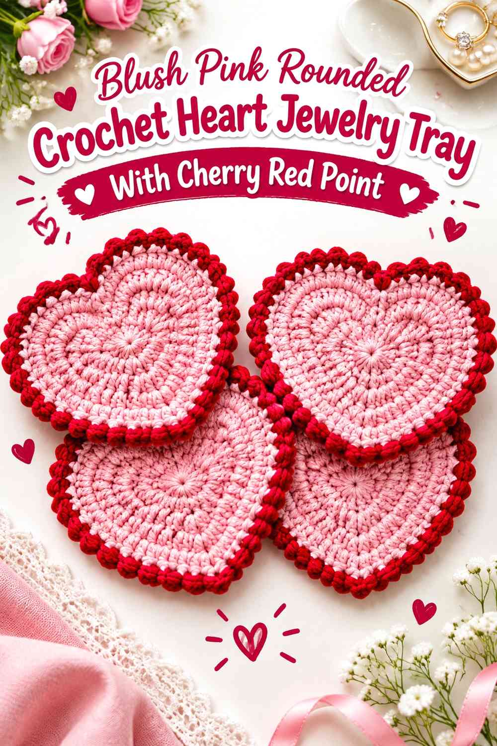 Blush Pink Rounded Crochet Heart Jewelry Tray With Cherry Red Point