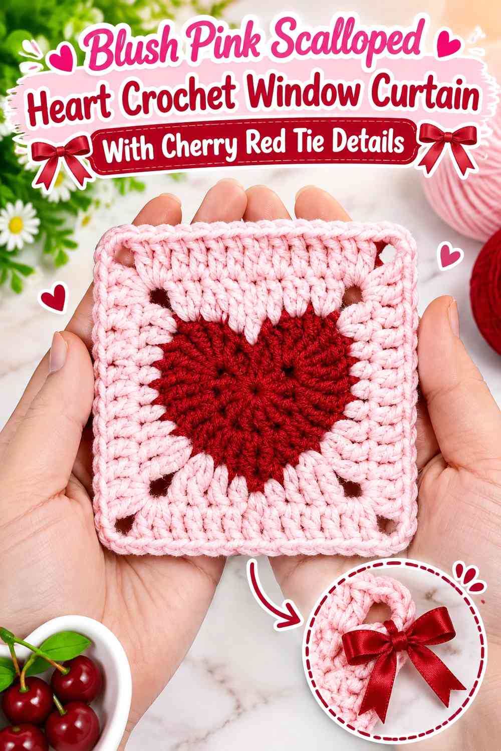 Blush Pink Scalloped Heart Crochet Window Curtain With Cherry Red Tie Details