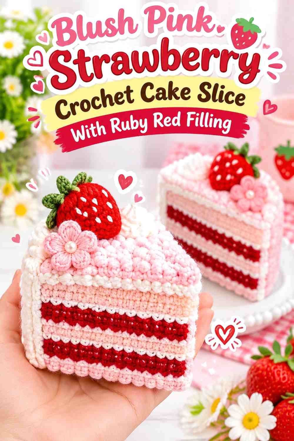 Blush Pink Strawberry Crochet Cake Slice With Ruby Red Filling