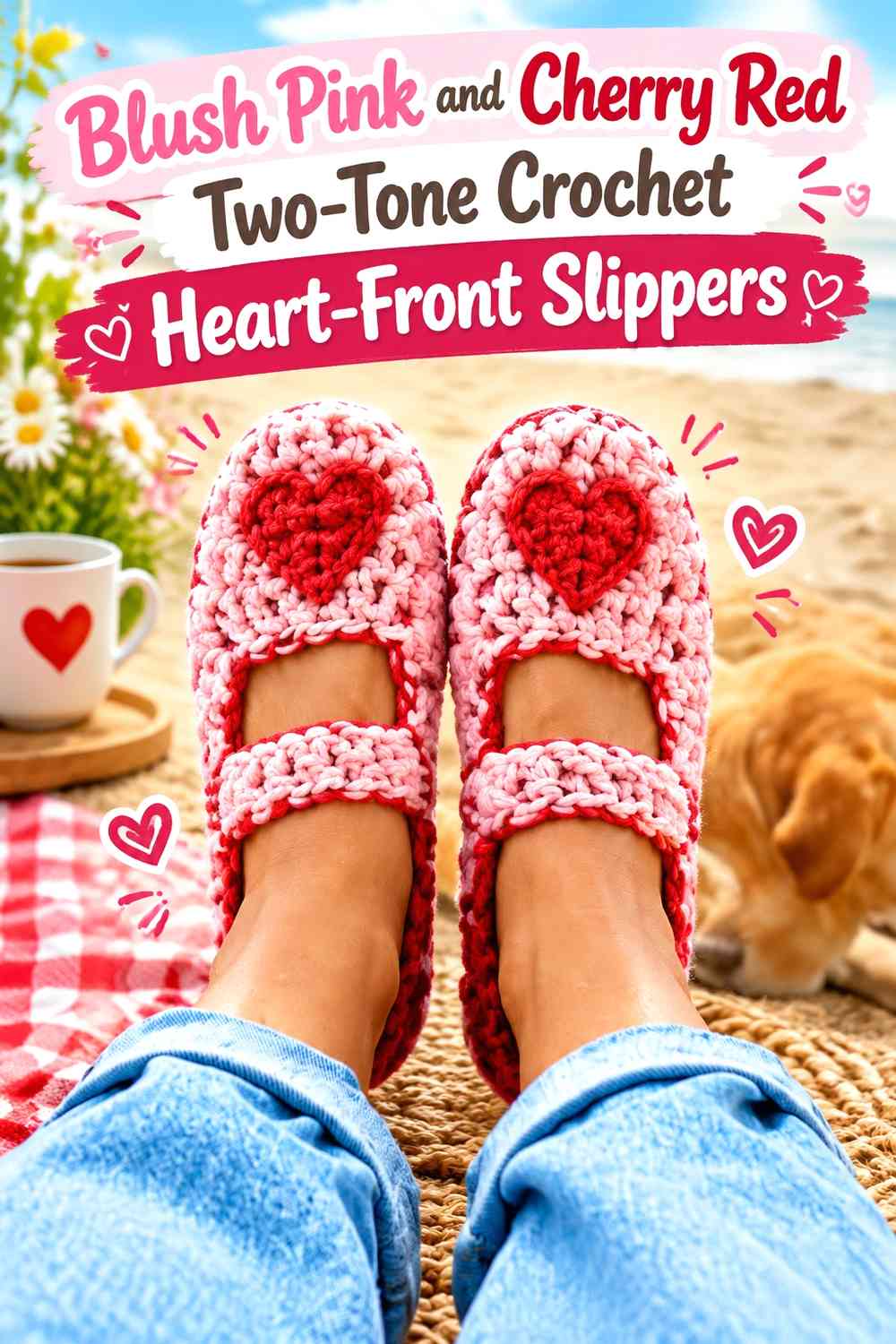 Blush Pink and Cherry Red Two-Tone Crochet Heart-Front Slippers