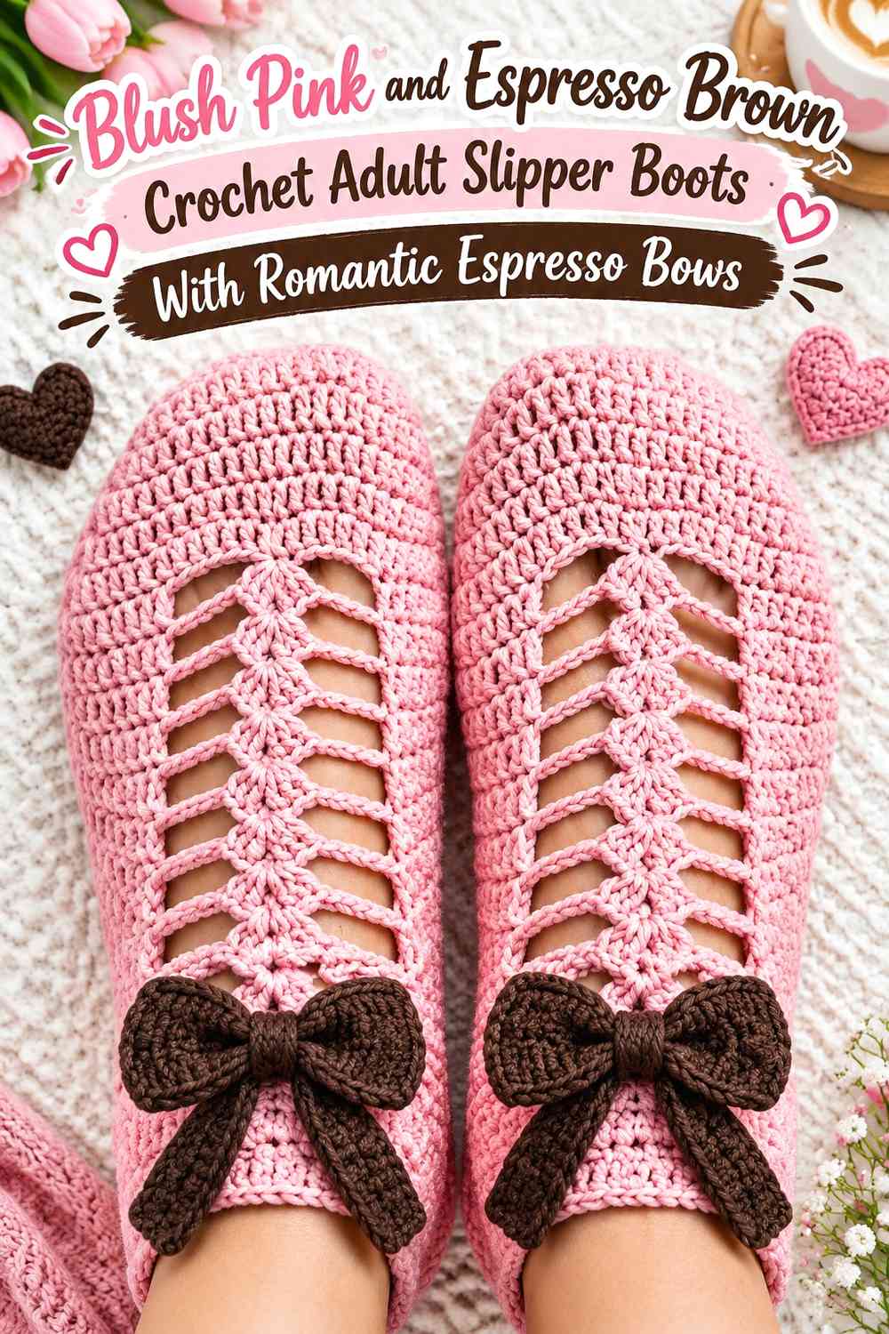 Blush Pink and Espresso Brown Crochet Adult Slipper Boots With Romantic Espresso Bows